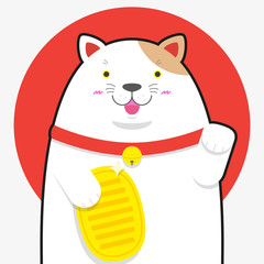 cute big fat Maneki neko lucky cat on Japan flag background