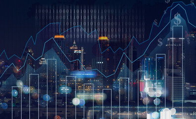 Trading graph on the cityscape at night and world map background