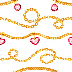 Golden chains with gemstones jewels vector seamless pattern