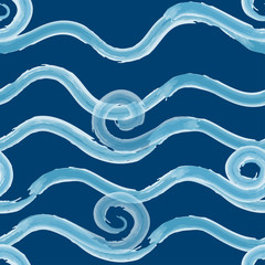 Abstract sea seamless pattern. Dark blue background with blue waves. Bright texture.