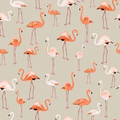 Glasschilderij Flamingo Exotische flamingo vogels patroon op beige achtergrond