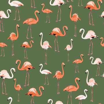 Ditsy pink flamingos pattern on kale background