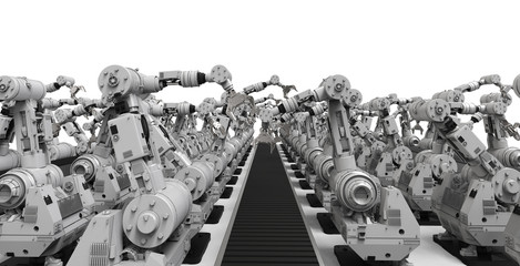 robotic arms with empty conveyor belt