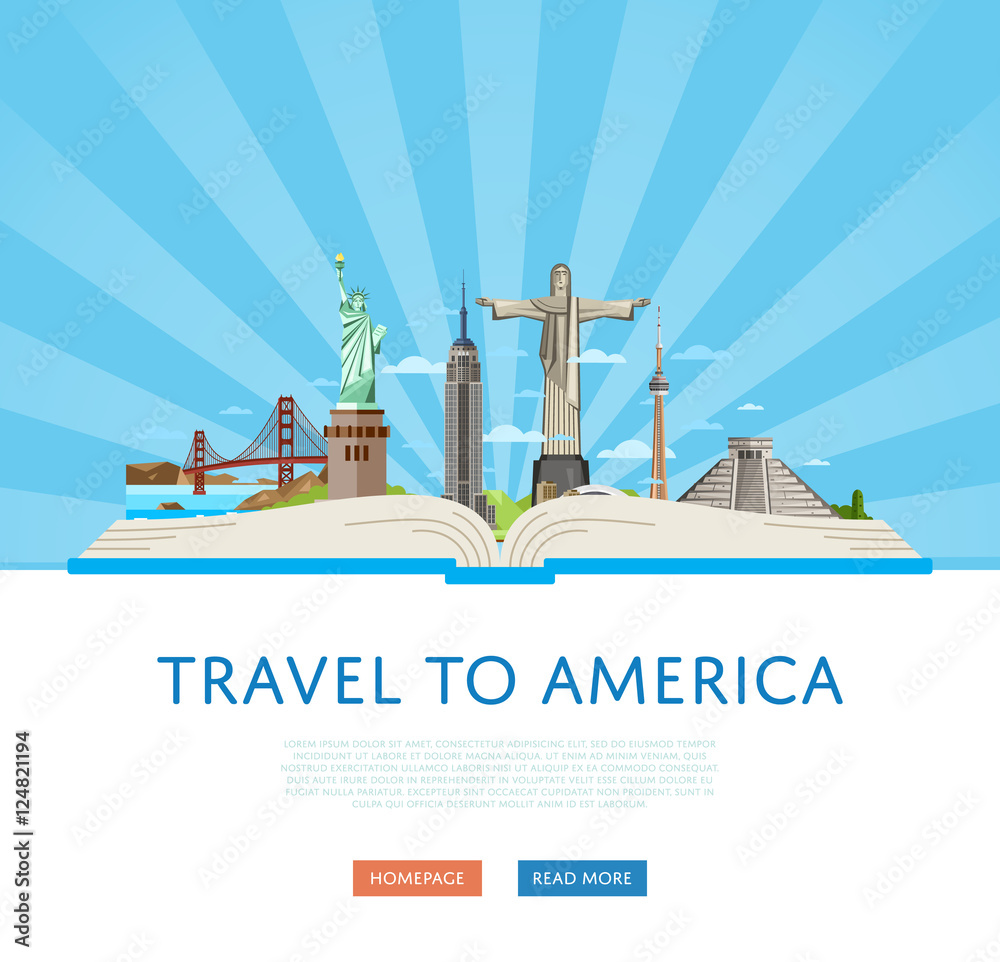 Sticker travel to america poster with empire state building, statue of liberty and others famous architectur