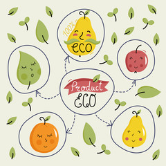Eco product banner with happy cartoon fruit characters isolated on white background. Natural bio products, organic foods shop or vegan cafe template. Healthy eating concept. Vegetarian food diet