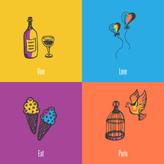 France national symbols. Bottle of vine, heart balloons, dove with cage, ice-cream colored hand drawn doodles vector icons with caption on colored backgrounds. Country concept for travel company ad