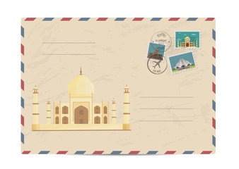 Ancient palace Taj Mahal. Postal envelope with famous architectural composition, postage stamps and postmarks on white background vector illustration. Postal services. Envelope delivery.