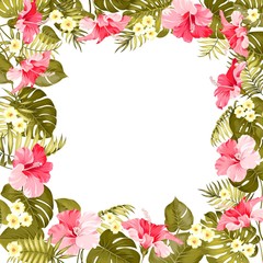 Tropical flower frame with place for invitation card text. Vector illustration.