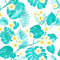 Fototapeta na wymiar Tropical flowers and jungle palms. Beautiful fabric pattern with a yellow plumeria isolated over green palm leaves. Seamless texture. Vector illustration.