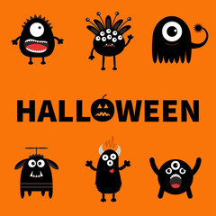 Happy Halloween card. Text with pumpkin. Black monster six set. Cute cartoon scary silhouette character. Baby collection. Orange background. Isolated. Flat design.