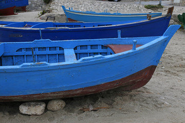 old blue wooden boats