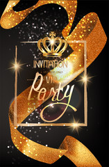 VIP Invitation card with sparkling gold curly ribbon, frame and crown