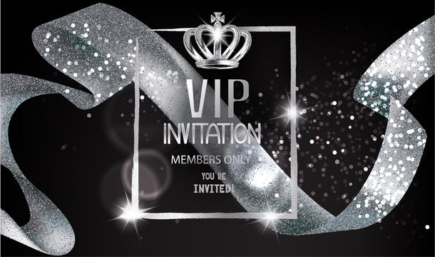 VIP Invitation card with sparkling silver curly ribbon, frame and crown