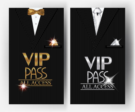 VIP PASS cards with men's suit on the background. Vector illustration