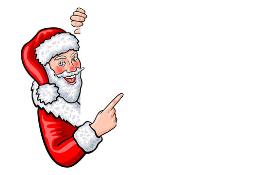 Comic-Zeichnung eines lächelnden Weihnachtsmannes mit Fingerzeig und Textfreiraum / Vektor, freigestellt