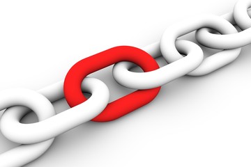 BLOCK CHAIN with red link on white background 3D illustration