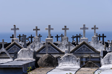 Crosses of a cemetery, with the sea in the background