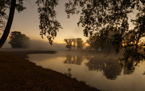Misty dawn on the river Zilim. Bashkortostan