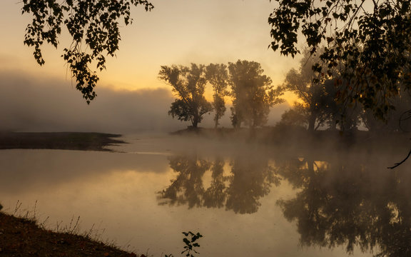 Misty dawn on the river Zilim. Bashkortostan