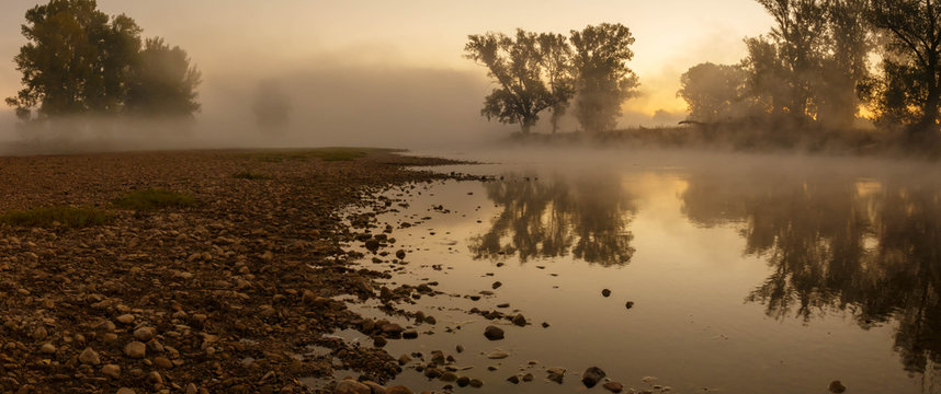 Misty dawn on the river Zilim. Bashkortostan