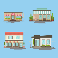 Isolated cafes set on blue background. Different facades of buildings woth windows, landscape and doors. Idea of shops, cafes, restaurants and more.
