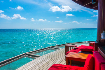Fototapeta na wymiar Vacation net seat in tropical Maldives island and beauty of the