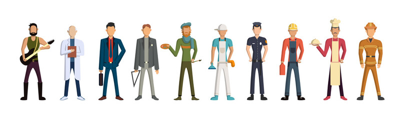 Different professions set. Isolated cartoon characters on white background. All kinds of professional activities as teacher, doctor, firefighter and more.