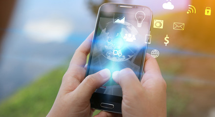 woman hand touch screen smart phone.Digital technology concept,S