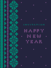 invitation card Happy New Year with pattern cross stitch on dark blue background - vector illustration