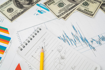 Naklejka na ściany i meble Financial charts on the table with dollars banknotes .