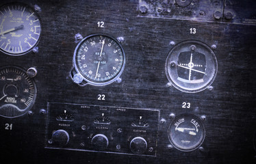 Different meters and displays in an old plane