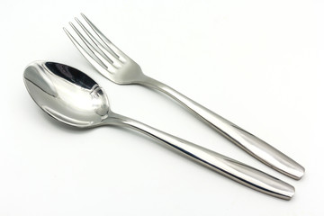Cutlery set with Fork and Spoon isolated on white background with copy space for text.