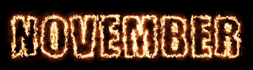 November text from hot burning letters on black background