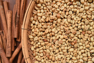 coffee beans with cinnamon sticks for background