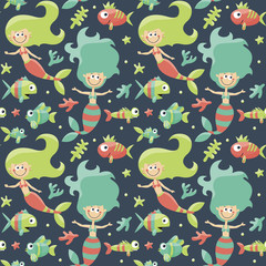 Marine cute seamless pattern with mermaids, fishes, algae, starfish, coral, seabed, bubble