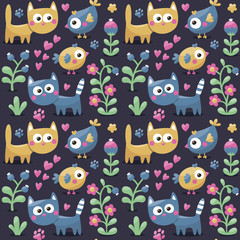 Seamless cute winter pattern made with cats, flowers, plants, footmark, hearts, berries
