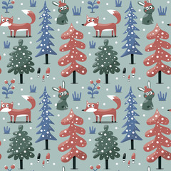 New seamless cute winter christmas pattern made with fox, rabbit, mushroom, bushes, plants, snow, tree