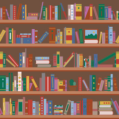 Books On Bookshelves. Seamless Pattern. Flat Style Vector Illustration.