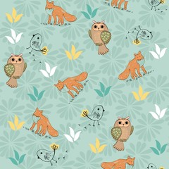 Obraz premium vector cute seamless pattern with fox and owl.