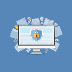Concept is data security center .Shield on Computer Desktop  pro