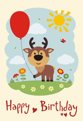 Happy birthday! Funny deer with balloon on flower meadow. Card in cartoon style.