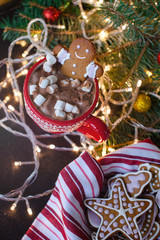 Red mugs with hot chocolate and marshmallows and gingerbread cookies. Christmas holiday concept