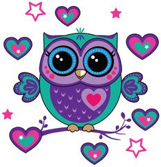 Cute funny owl. Forest bird heart and stars. Decorative and style toy, doll. Wonderland. Magic, fabulous story. Isolated children's cartoon illustration, for print or sticker. White background. Vector