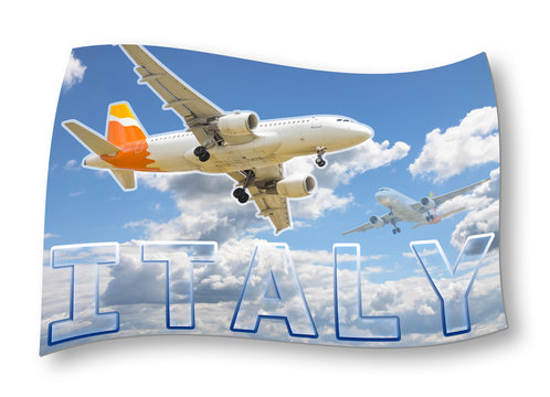 A plane flies over Italian skies. Fly to Italy concept image