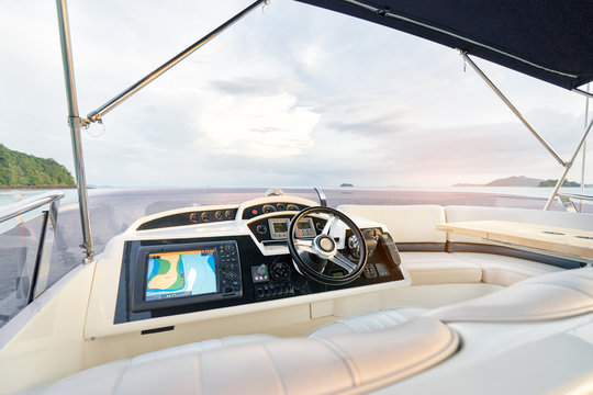 Luxury traveling. Interior of modern motor yacht.
