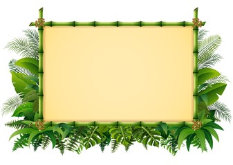 Fototapeta premium Tropical floral design background with green bamboo frame