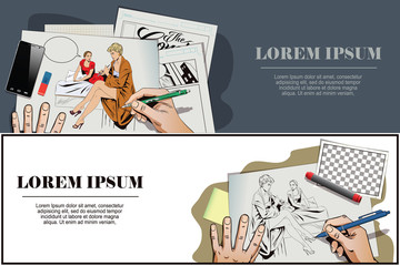 People in retro style. Girl does manicure.