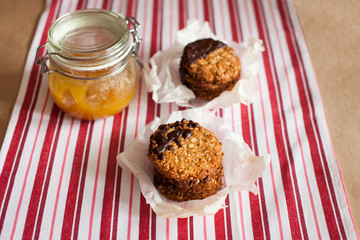 Stacked chip cookies on napkin