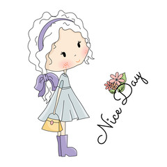 Doll Vector Illustration. Beautiful Little Girl with Bag in her Hands