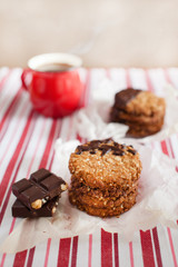 Stacked chip cookies on napkin